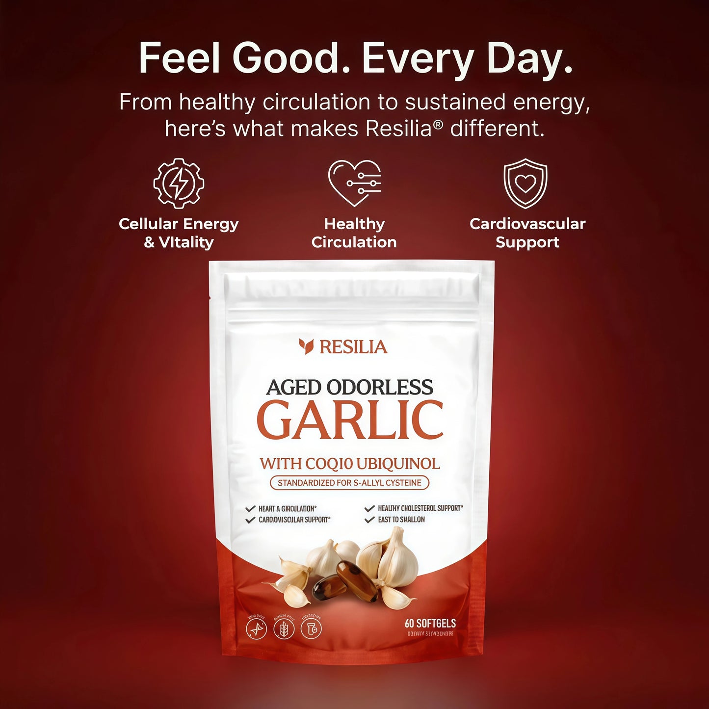 Resilia Odorless Aged Garlic Extract Softgels (60 Count) | 600mg Aged Garlic Extract Per Serving | With CoQ10 Ubiquinol & Vitamin K2 (MK-7) | Dietary Supplement