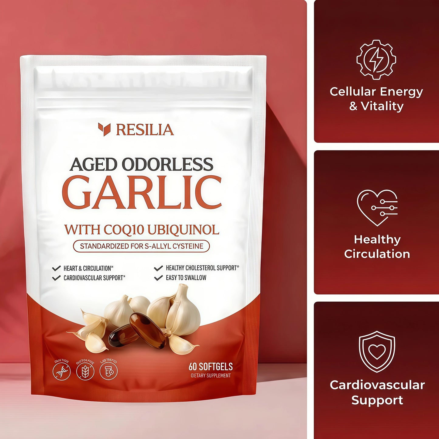 Resilia Odorless Aged Garlic Extract Softgels (60 Count) | 600mg Aged Garlic Extract Per Serving | With CoQ10 Ubiquinol & Vitamin K2 (MK-7) | Dietary Supplement