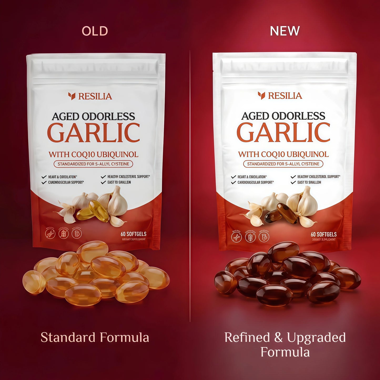 Resilia Odorless Aged Garlic Extract Softgels (60 Count) | 600mg Aged Garlic Extract Per Serving | With CoQ10 Ubiquinol & Vitamin K2 (MK-7) | Dietary Supplement